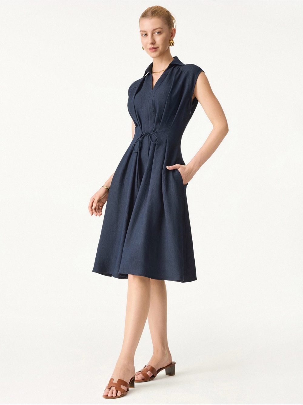 OGL Viscose-Linen Collared V-neck Midi Dress with Drawstring